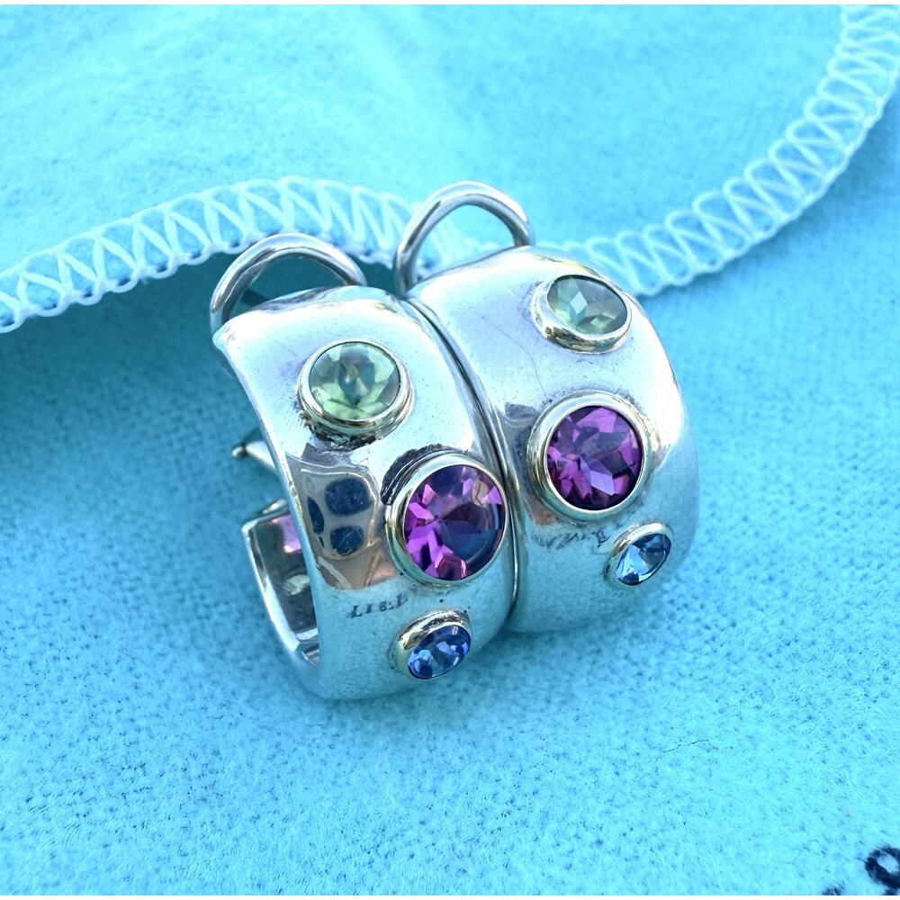 Tiffany Silver 18k Gold Etolie Hoop Huggie Earrings Sapphire Tourmaline Peridot